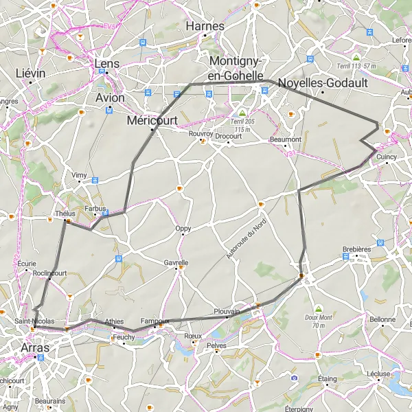 Miniature de la carte de l'inspiration cycliste "Le circuit de Noyelles-Godault" dans la Nord-Pas de Calais, France. Générée par le planificateur d'itinéraire cycliste Tarmacs.app