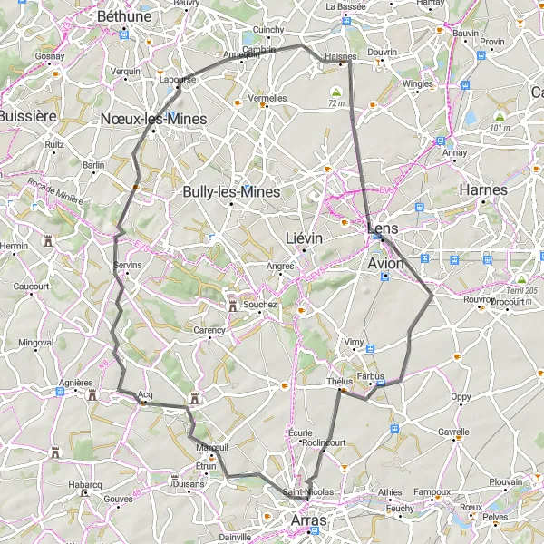 Miniature de la carte de l'inspiration cycliste "Le tour de Lens" dans la Nord-Pas de Calais, France. Générée par le planificateur d'itinéraire cycliste Tarmacs.app