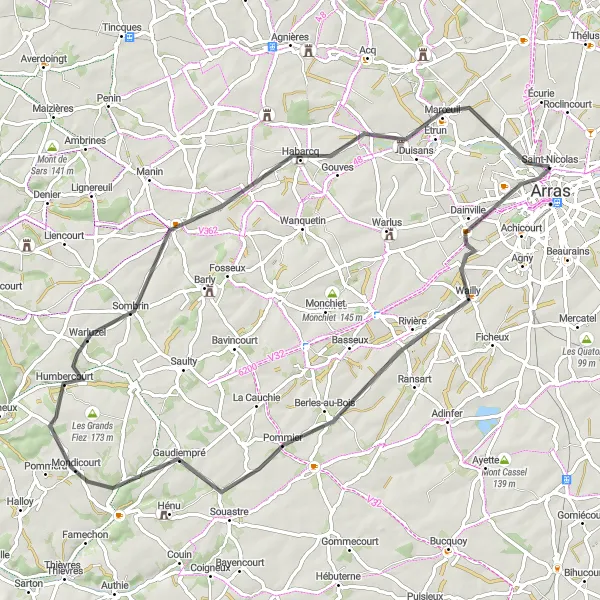 Map miniature of "Arras to Sainte-Catherine Scenic Road Trip" cycling inspiration in Nord-Pas de Calais, France. Generated by Tarmacs.app cycling route planner