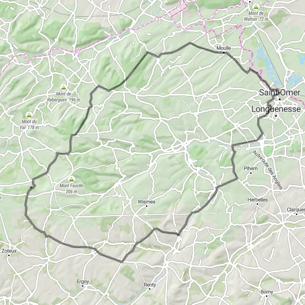 Miniature de la carte de l'inspiration cycliste "Les villages du Boulonnais" dans la Nord-Pas de Calais, France. Générée par le planificateur d'itinéraire cycliste Tarmacs.app
