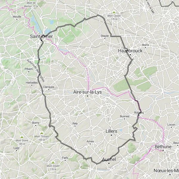 Miniature de la carte de l'inspiration cycliste "Les collines d'Artois et de Flandre" dans la Nord-Pas de Calais, France. Générée par le planificateur d'itinéraire cycliste Tarmacs.app