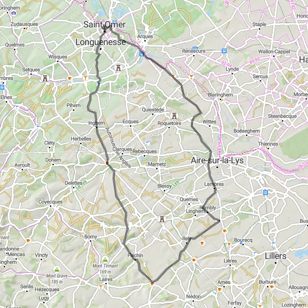 Miniature de la carte de l'inspiration cycliste "Les collines de Thérouanne" dans la Nord-Pas de Calais, France. Générée par le planificateur d'itinéraire cycliste Tarmacs.app