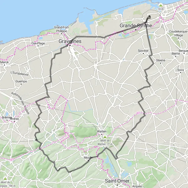 Map miniature of "The Hidden Roads of Nord-Pas de Calais" cycling inspiration in Nord-Pas de Calais, France. Generated by Tarmacs.app cycling route planner