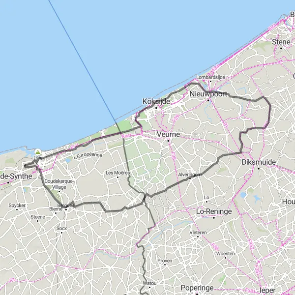 Miniature de la carte de l'inspiration cycliste "La Côte et les Villes Route" dans la Nord-Pas de Calais, France. Générée par le planificateur d'itinéraire cycliste Tarmacs.app