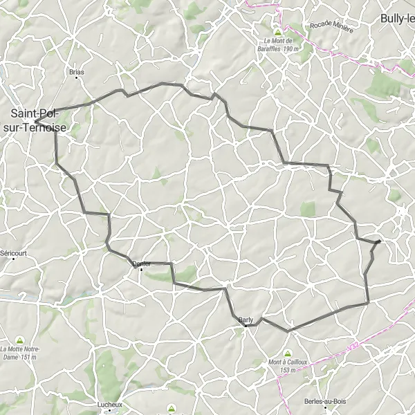 Miniature de la carte de l'inspiration cycliste "La Boucle des Collines de Ternois" dans la Nord-Pas de Calais, France. Générée par le planificateur d'itinéraire cycliste Tarmacs.app