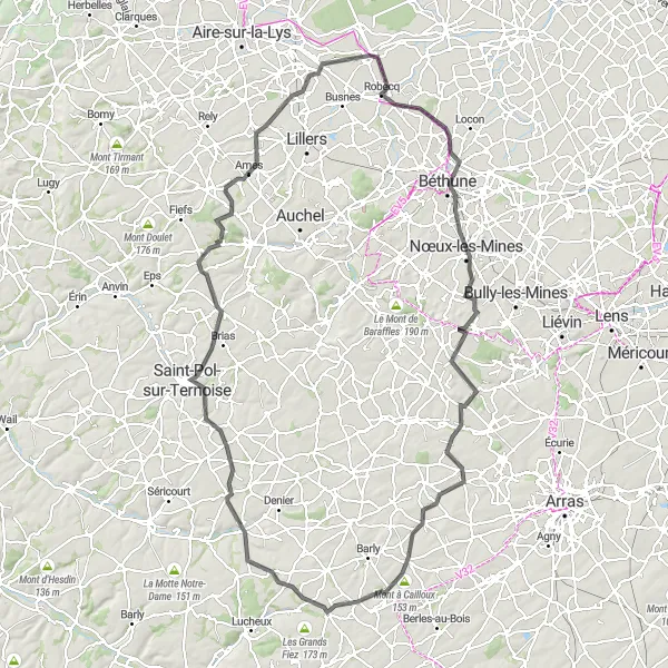 Map miniature of "The Béthune Challenge" cycling inspiration in Nord-Pas de Calais, France. Generated by Tarmacs.app cycling route planner