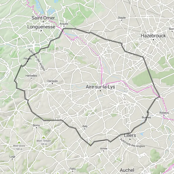 Map miniature of "The Hills of Lillers" cycling inspiration in Nord-Pas de Calais, France. Generated by Tarmacs.app cycling route planner