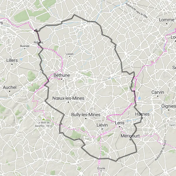 Map miniature of "The Road to Robecq" cycling inspiration in Nord-Pas de Calais, France. Generated by Tarmacs.app cycling route planner