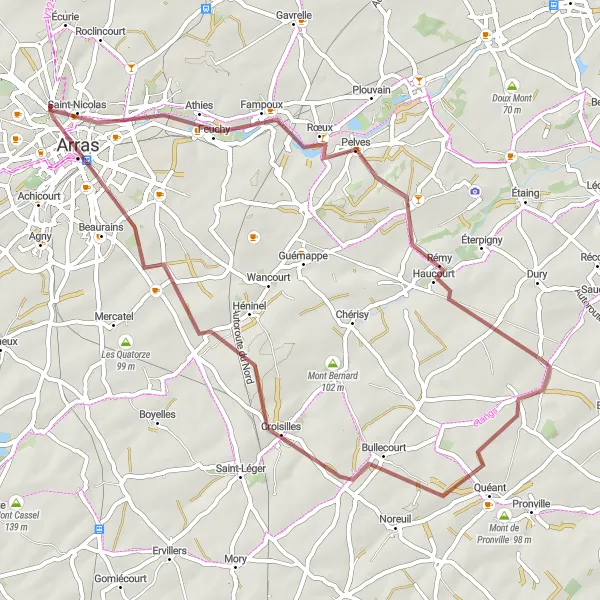 Map miniature of "The Feuchy Gravel Loop" cycling inspiration in Nord-Pas de Calais, France. Generated by Tarmacs.app cycling route planner