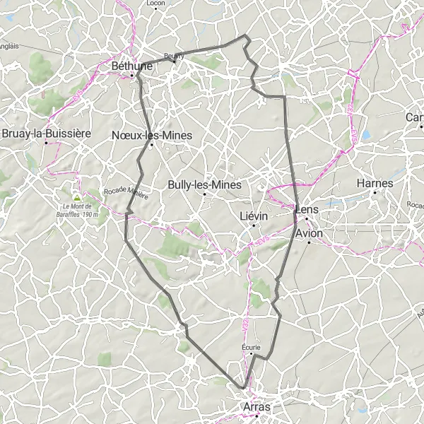 Miniature de la carte de l'inspiration cycliste "Le Tour des Terrils" dans la Nord-Pas de Calais, France. Générée par le planificateur d'itinéraire cycliste Tarmacs.app
