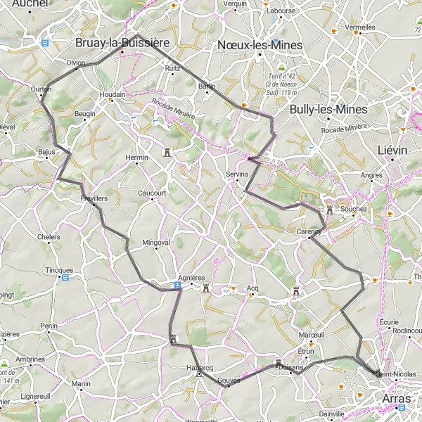 Miniature de la carte de l'inspiration cycliste "L'Escapade des Collines" dans la Nord-Pas de Calais, France. Générée par le planificateur d'itinéraire cycliste Tarmacs.app