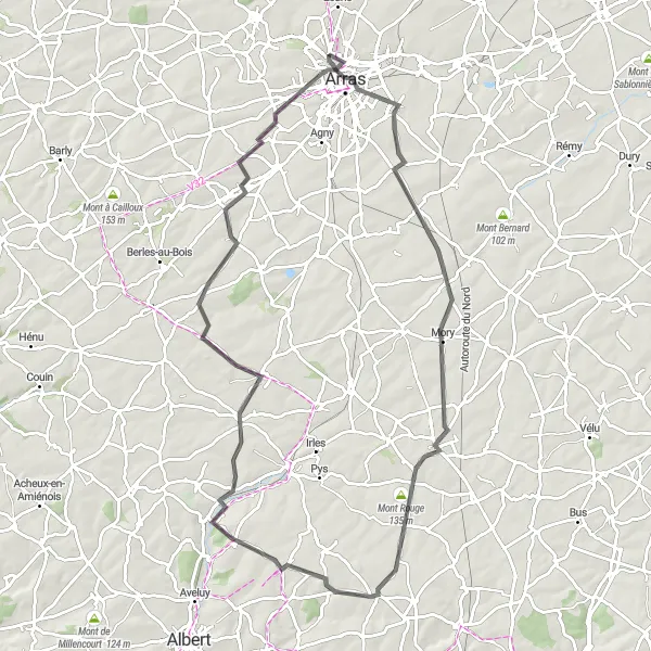 Miniature de la carte de l'inspiration cycliste "La Route des Beffrois" dans la Nord-Pas de Calais, France. Générée par le planificateur d'itinéraire cycliste Tarmacs.app