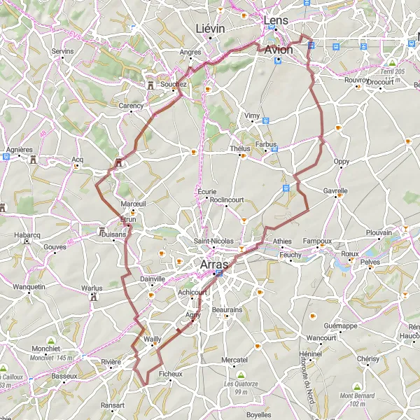 Miniature de la carte de l'inspiration cycliste "Les Collines du Nord en Gravel" dans la Nord-Pas de Calais, France. Générée par le planificateur d'itinéraire cycliste Tarmacs.app