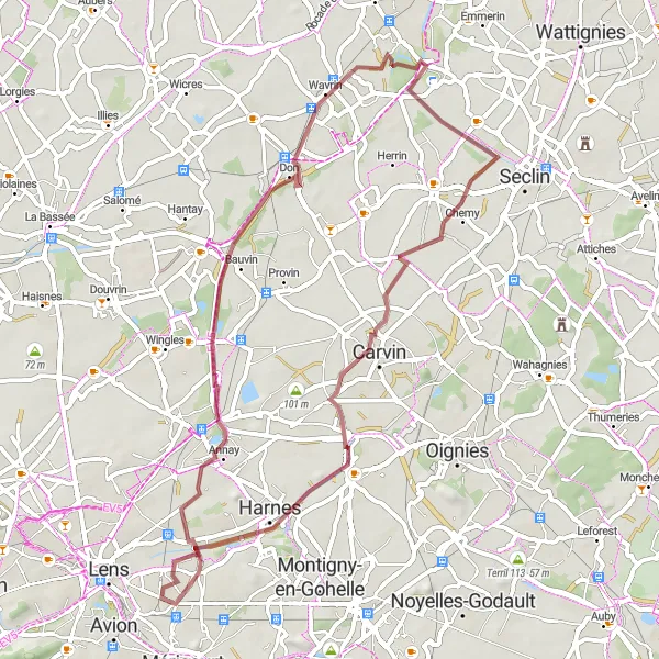 Miniature de la carte de l'inspiration cycliste "Boucle des Coteaux en Gravel" dans la Nord-Pas de Calais, France. Générée par le planificateur d'itinéraire cycliste Tarmacs.app