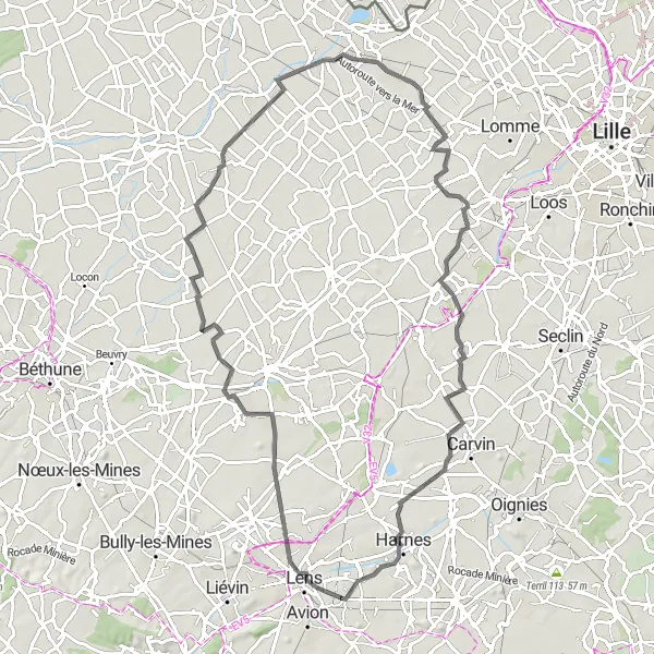 Miniature de la carte de l'inspiration cycliste "Tour des Monts en Route" dans la Nord-Pas de Calais, France. Générée par le planificateur d'itinéraire cycliste Tarmacs.app