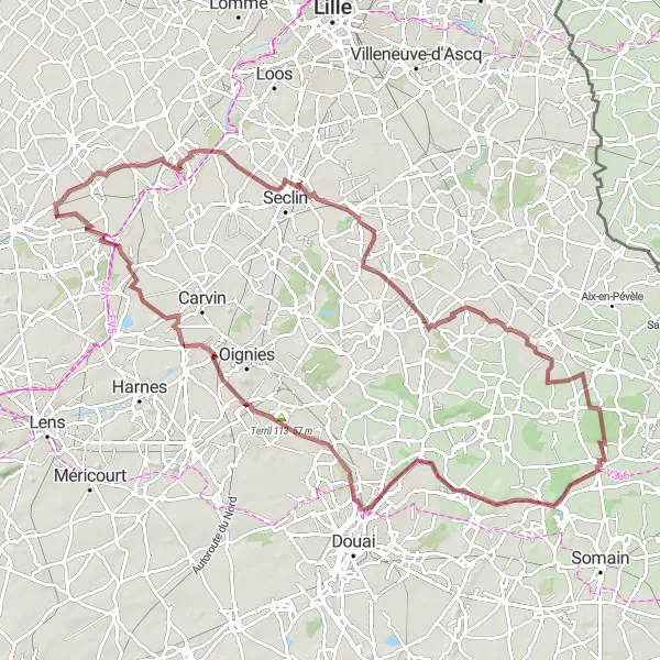 Miniature de la carte de l'inspiration cycliste "Parcours gravel de Salomé à Dourges" dans la Nord-Pas de Calais, France. Générée par le planificateur d'itinéraire cycliste Tarmacs.app