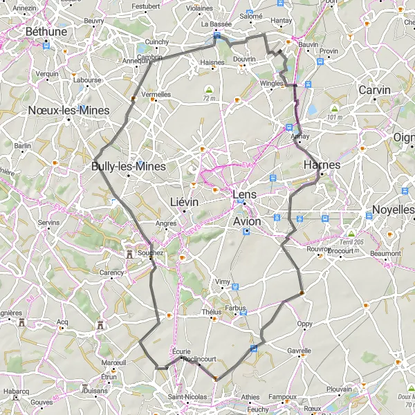 Miniature de la carte de l'inspiration cycliste "Parcours de Terril 230 à Billy-Berclau" dans la Nord-Pas de Calais, France. Générée par le planificateur d'itinéraire cycliste Tarmacs.app