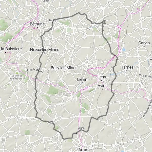 Miniature de la carte de l'inspiration cycliste "Tour des villages miniers du Nord" dans la Nord-Pas de Calais, France. Générée par le planificateur d'itinéraire cycliste Tarmacs.app