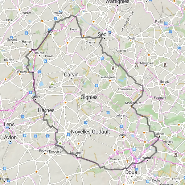 Miniature de la carte de l'inspiration cycliste "Tour de Bauvin à Harnes" dans la Nord-Pas de Calais, France. Générée par le planificateur d'itinéraire cycliste Tarmacs.app