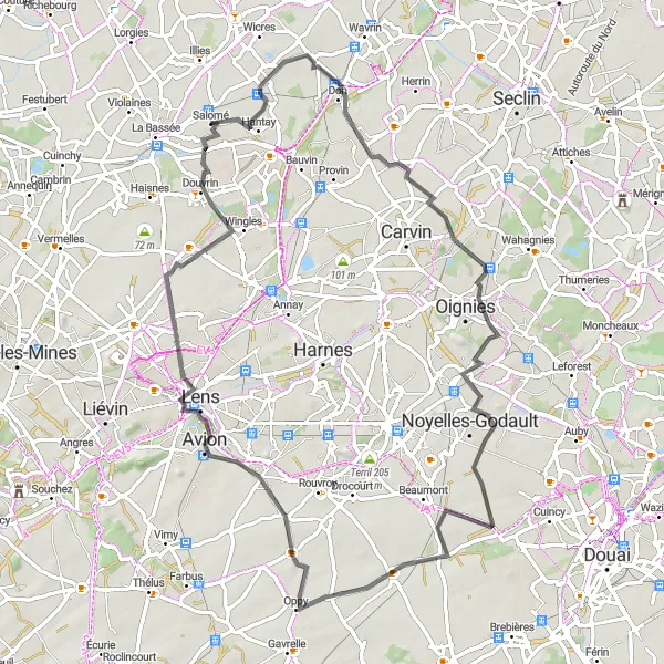 Map miniature of "Lens Countryside Escape" cycling inspiration in Nord-Pas de Calais, France. Generated by Tarmacs.app cycling route planner