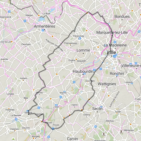 Miniature de la carte de l'inspiration cycliste "Parcours bucolique de Fournes-en-Weppes à Lille" dans la Nord-Pas de Calais, France. Générée par le planificateur d'itinéraire cycliste Tarmacs.app