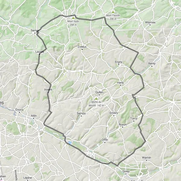 Map miniature of "Desvres Loop" cycling inspiration in Nord-Pas de Calais, France. Generated by Tarmacs.app cycling route planner