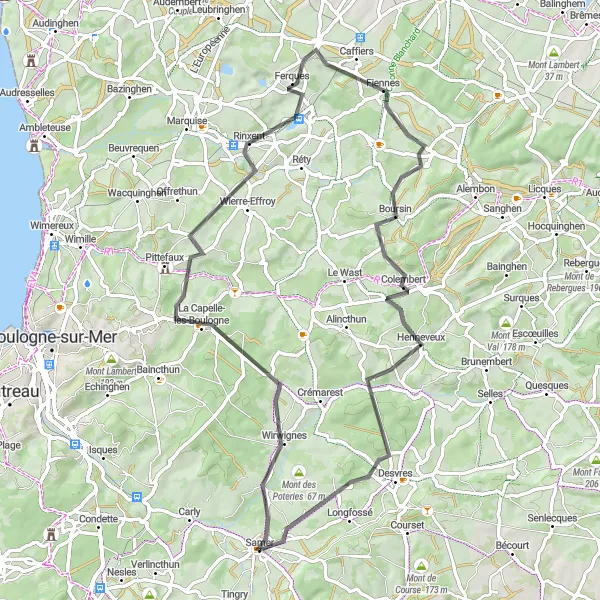 Map miniature of "The Boulogne Loop" cycling inspiration in Nord-Pas de Calais, France. Generated by Tarmacs.app cycling route planner