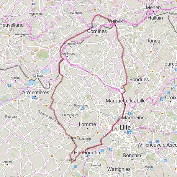 Map miniature of "From Houplines to Sunset Spot" cycling inspiration in Nord-Pas de Calais, France. Generated by Tarmacs.app cycling route planner