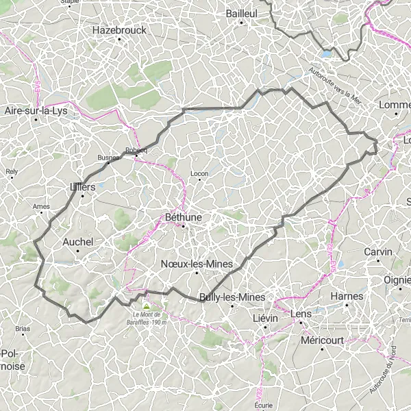 Map miniature of "Les Terrils et les Monts près de Sainghin-en-Weppes" cycling inspiration in Nord-Pas de Calais, France. Generated by Tarmacs.app cycling route planner