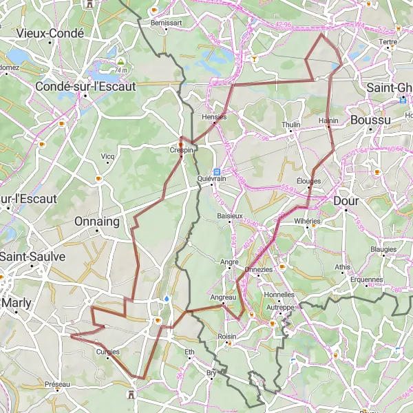 Map miniature of "The Quarouble - Hensies Gravel Adventure" cycling inspiration in Nord-Pas de Calais, France. Generated by Tarmacs.app cycling route planner