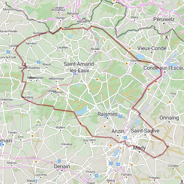 Map miniature of "The Valenciennes - Bruay-sur-l'Escaut Gravel Adventure" cycling inspiration in Nord-Pas de Calais, France. Generated by Tarmacs.app cycling route planner