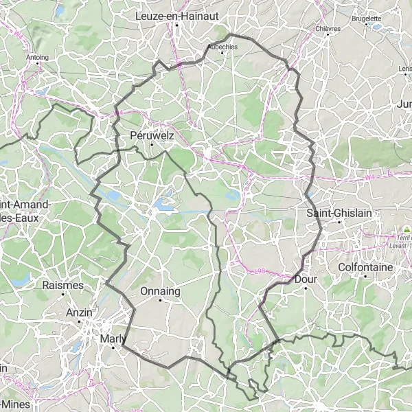 Map miniature of "The Bruay-sur-l'Escaut - Dour Road Adventure" cycling inspiration in Nord-Pas de Calais, France. Generated by Tarmacs.app cycling route planner