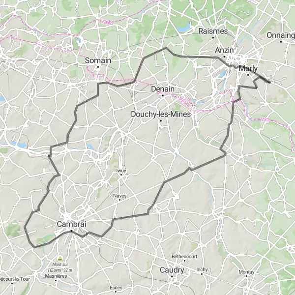 Map miniature of "The Famars - Valenciennes Road Journey" cycling inspiration in Nord-Pas de Calais, France. Generated by Tarmacs.app cycling route planner