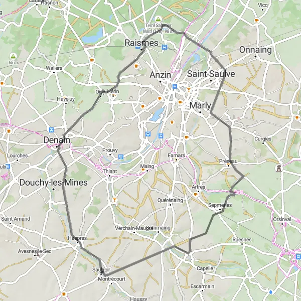 Map miniature of "Haspres to Montrécourt" cycling inspiration in Nord-Pas de Calais, France. Generated by Tarmacs.app cycling route planner