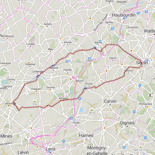 Map miniature of "Seclin to View Platform" cycling inspiration in Nord-Pas de Calais, France. Generated by Tarmacs.app cycling route planner