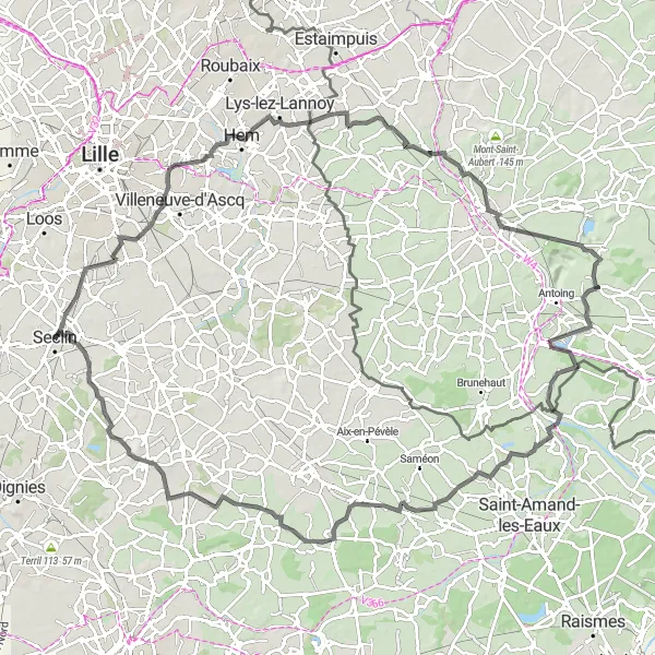 Map miniature of "Challenging Hills and Historical Towns" cycling inspiration in Nord-Pas de Calais, France. Generated by Tarmacs.app cycling route planner