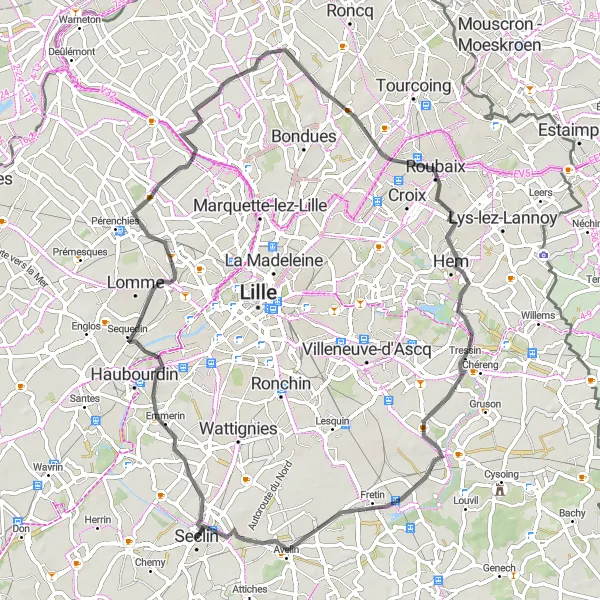 Map miniature of "Road Trip to Fort de Seclin" cycling inspiration in Nord-Pas de Calais, France. Generated by Tarmacs.app cycling route planner