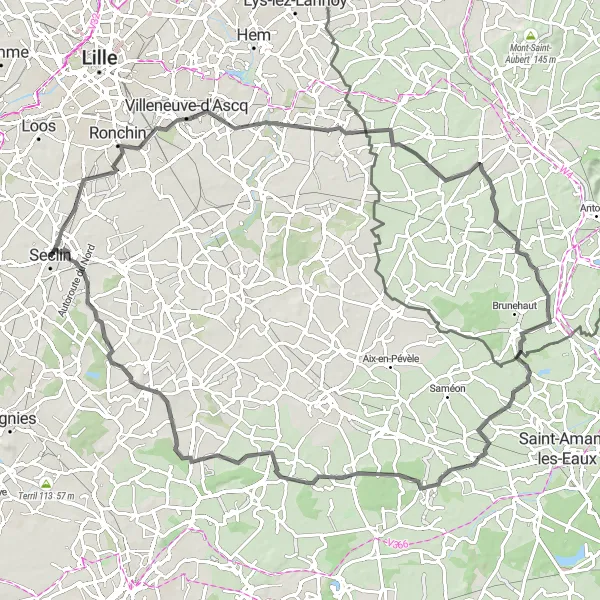 Map miniature of "Seclin to Mons-en-Pévèle" cycling inspiration in Nord-Pas de Calais, France. Generated by Tarmacs.app cycling route planner