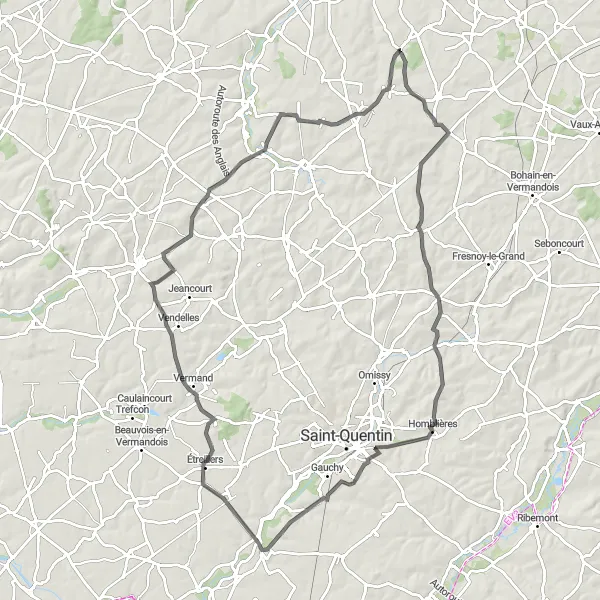Miniature de la carte de l'inspiration cycliste "Circuit de la Vallée de la Sensée" dans la Nord-Pas de Calais, France. Générée par le planificateur d'itinéraire cycliste Tarmacs.app