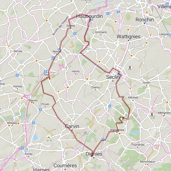 Miniature de la carte de l'inspiration cycliste "Boucle gravel autour de Seclin" dans la Nord-Pas de Calais, France. Générée par le planificateur d'itinéraire cycliste Tarmacs.app