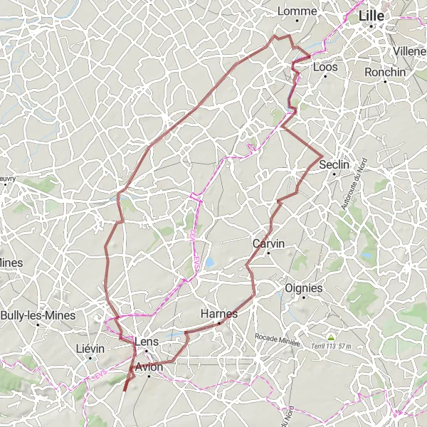 Map miniature of "Challenging Gravel Route: Sequedin to Avion" cycling inspiration in Nord-Pas de Calais, France. Generated by Tarmacs.app cycling route planner