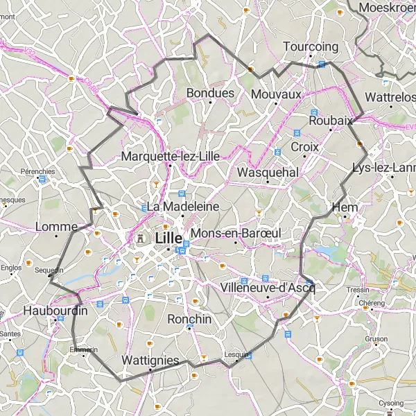 Map miniature of "Lambersart and beyond" cycling inspiration in Nord-Pas de Calais, France. Generated by Tarmacs.app cycling route planner