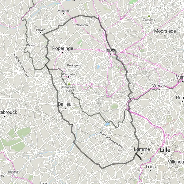 Miniature de la carte de l'inspiration cycliste "Grande boucle à vélo dans le pays de Flandre" dans la Nord-Pas de Calais, France. Générée par le planificateur d'itinéraire cycliste Tarmacs.app