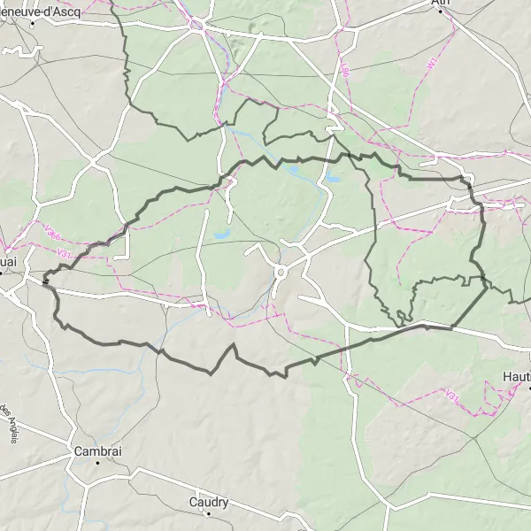 Miniature de la carte de l'inspiration cycliste "Grande boucle en vélo de route dans la région de Sin-le-Noble" dans la Nord-Pas de Calais, France. Générée par le planificateur d'itinéraire cycliste Tarmacs.app