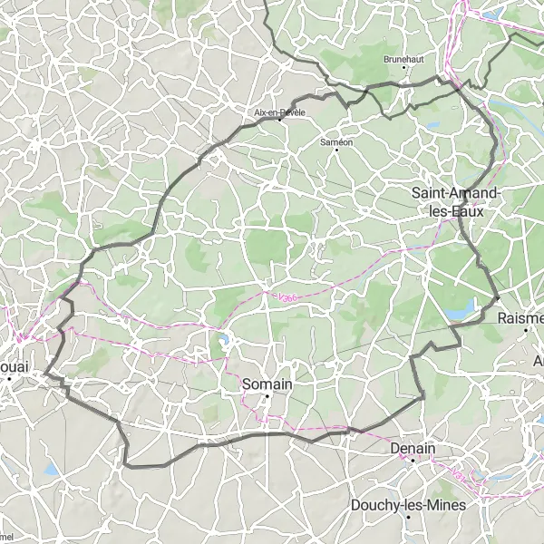 Miniature de la carte de l'inspiration cycliste "Boucle en vélo de route près de Sin-le-Noble" dans la Nord-Pas de Calais, France. Générée par le planificateur d'itinéraire cycliste Tarmacs.app