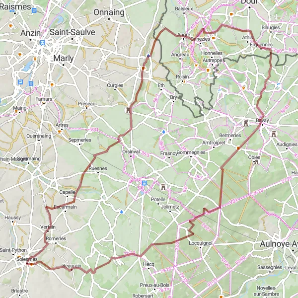 Miniature de la carte de l'inspiration cycliste "Les Collines du Valenciennes" dans la Nord-Pas de Calais, France. Générée par le planificateur d'itinéraire cycliste Tarmacs.app