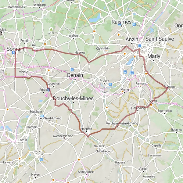 Miniature de la carte de l'inspiration cycliste "Itinéraire de Gravel Par Hérin et Haspres" dans la Nord-Pas de Calais, France. Générée par le planificateur d'itinéraire cycliste Tarmacs.app