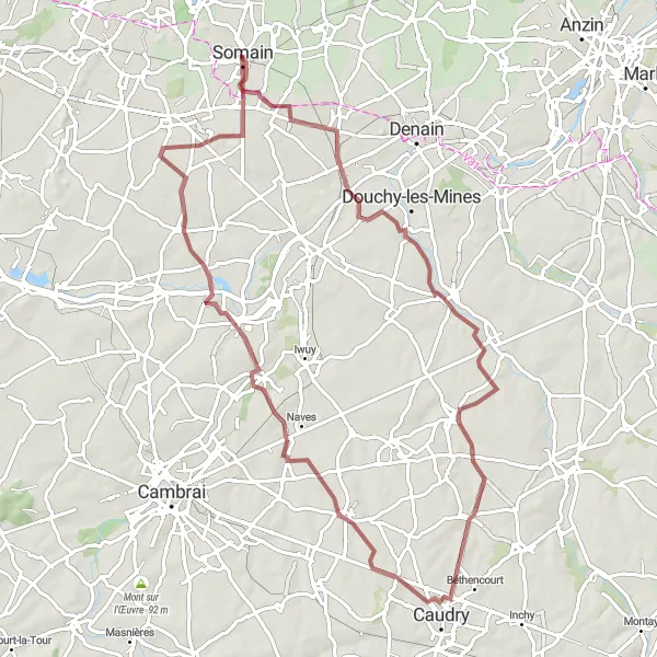 Miniature de la carte de l'inspiration cycliste "Les chemins de campagne" dans la Nord-Pas de Calais, France. Générée par le planificateur d'itinéraire cycliste Tarmacs.app