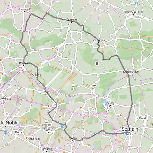 Miniature de la carte de l'inspiration cycliste "Boucle de Somain" dans la Nord-Pas de Calais, France. Générée par le planificateur d'itinéraire cycliste Tarmacs.app