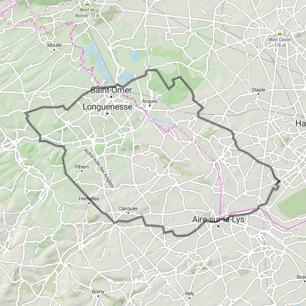 Map miniature of "The Steenbecque - Clairmarais Adventure" cycling inspiration in Nord-Pas de Calais, France. Generated by Tarmacs.app cycling route planner